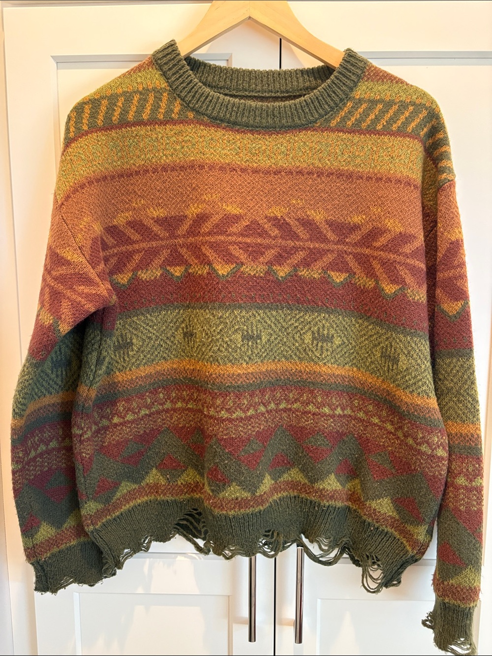 SHEIN ROMWE Olive Multi-Pattern Distressed Crewneck Sweater